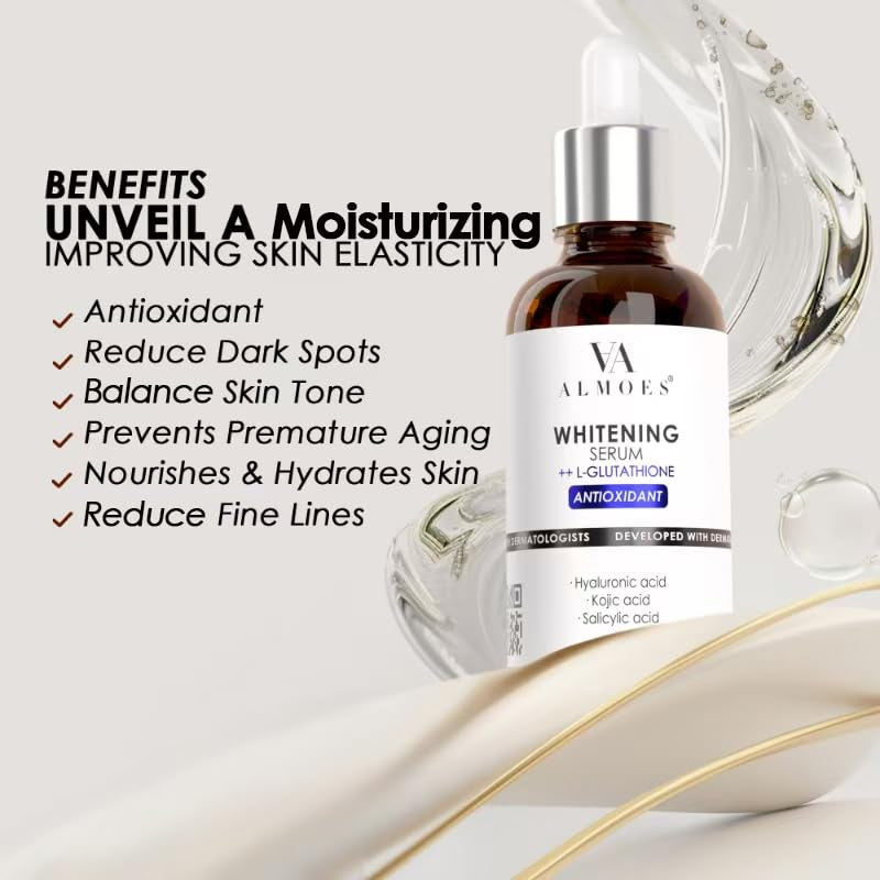 ALMOES Facial Serums,L-Glutathione Serum for Skin Moisturising,Balance Skin Tone, Lmprove Elasticity- with Hyaluronic Acid, Kojic Acid, Antioxidant Face Serums,30Ml