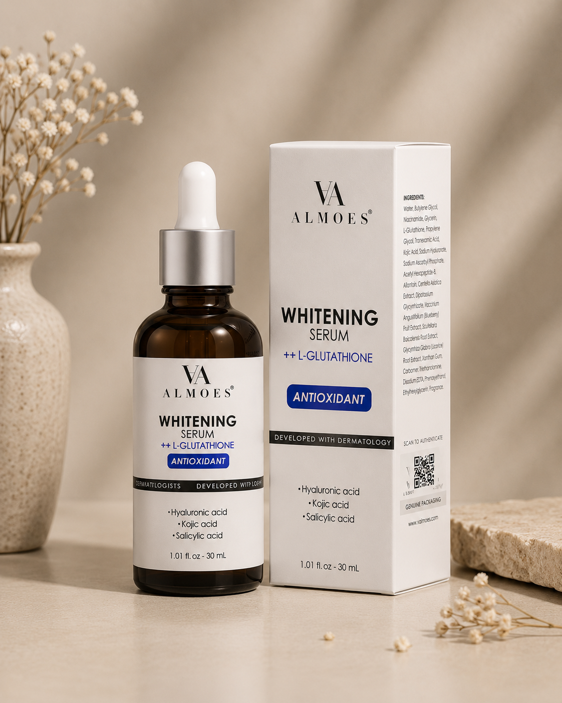 ALMOES Facial Serums,L-Glutathione Serum for Skin Moisturising,Balance Skin Tone, Lmprove Elasticity- with Hyaluronic Acid, Kojic Acid, Antioxidant Face Serums,30Ml