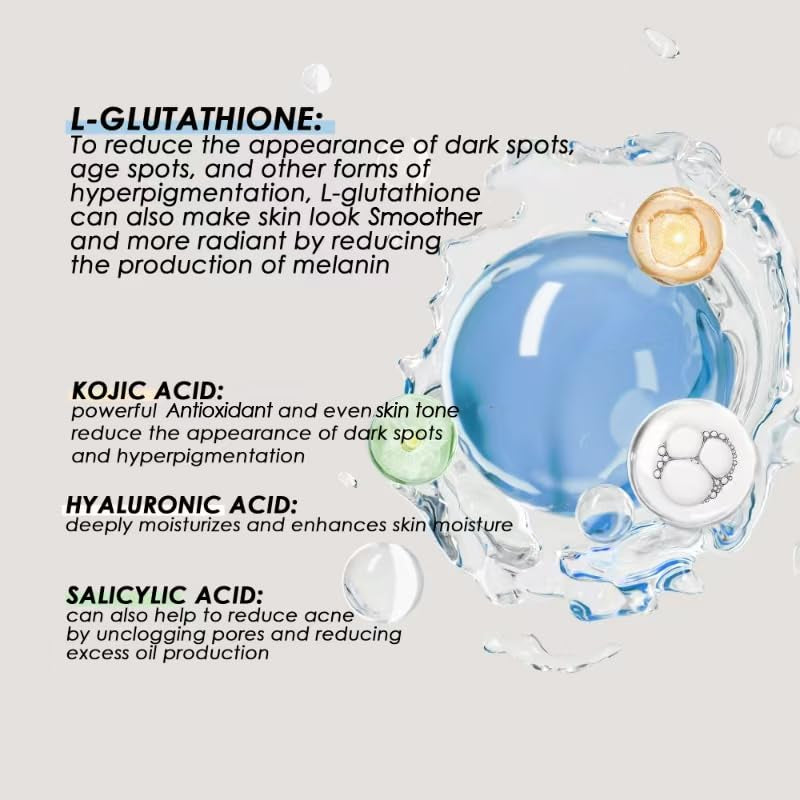 ALMOES Facial Serums,L-Glutathione Serum for Skin Moisturising,Balance Skin Tone, Lmprove Elasticity- with Hyaluronic Acid, Kojic Acid, Antioxidant Face Serums,30Ml