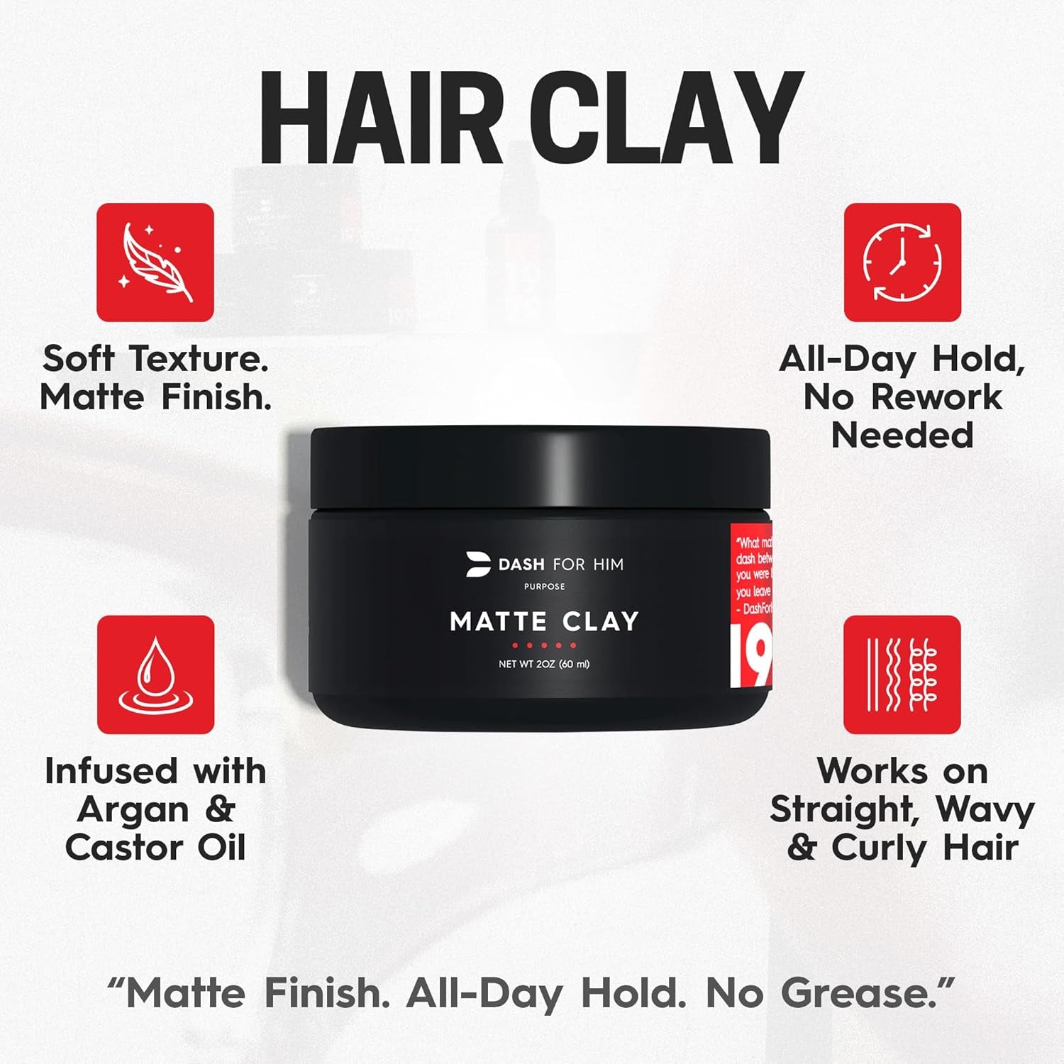 Hair Clay for Men – Matte Finish | Medium Hold, Adds Volume & Texture | Scented, Clean Ingredients, Non-Greasy & Easy to Wash Out | Barber-Grade Men’S Styling Clay | Made in the USA 2Oz